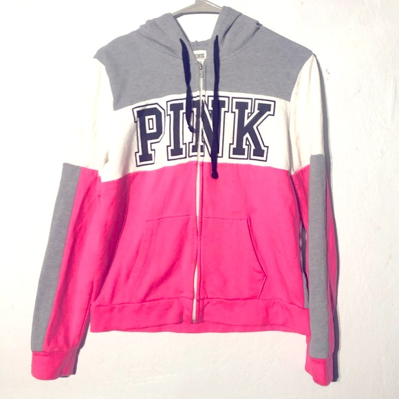 PINK Victoria's Secret Tops - PINK by Victorias Secret pink and grey zip up logo hoodie. Size medium